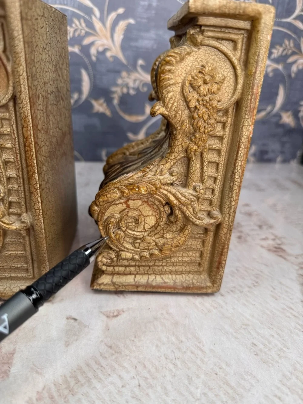 Vintage Ornate Bookends Faux Bois Resin Wood Gilt Scroll Pair